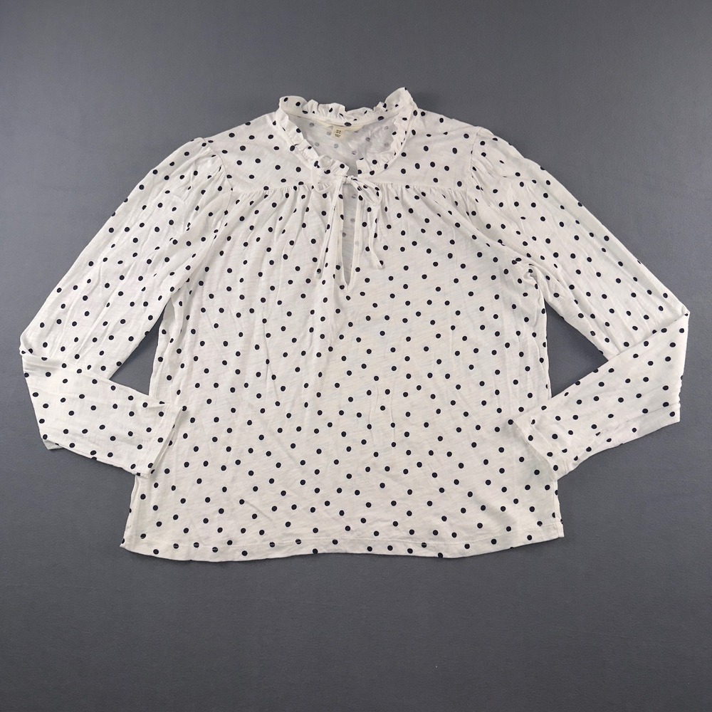 Boden Polka Dot Ruffle Neck Tie Blouse White Navy Blue Long Sleeve Top US 12